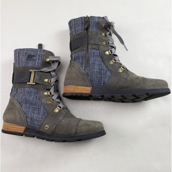 Sorel Major Carly Suede Boot Womens 8 Gray Blue Denim Ankle Side Zip Moto Combat - Picture 1 of 11